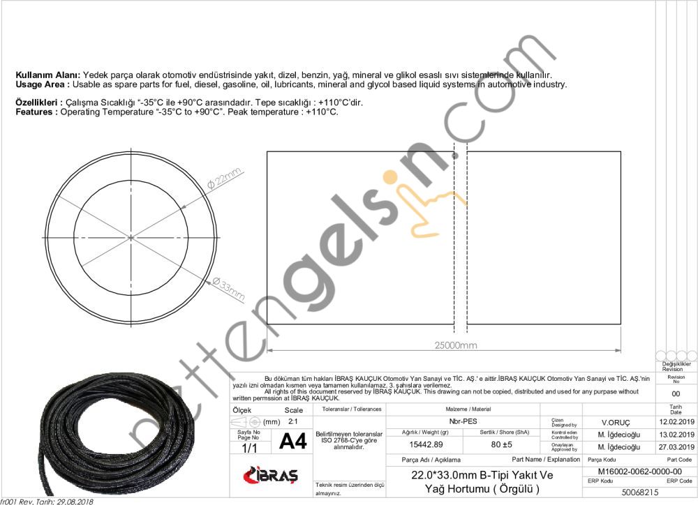 IBRAS 68215 22.0mm x 33.0mm UNIVERSAL YAKIT HORTUMU ( MAKARASIZ ) B TIPI  GENEL BİNEK RULO HORTUM