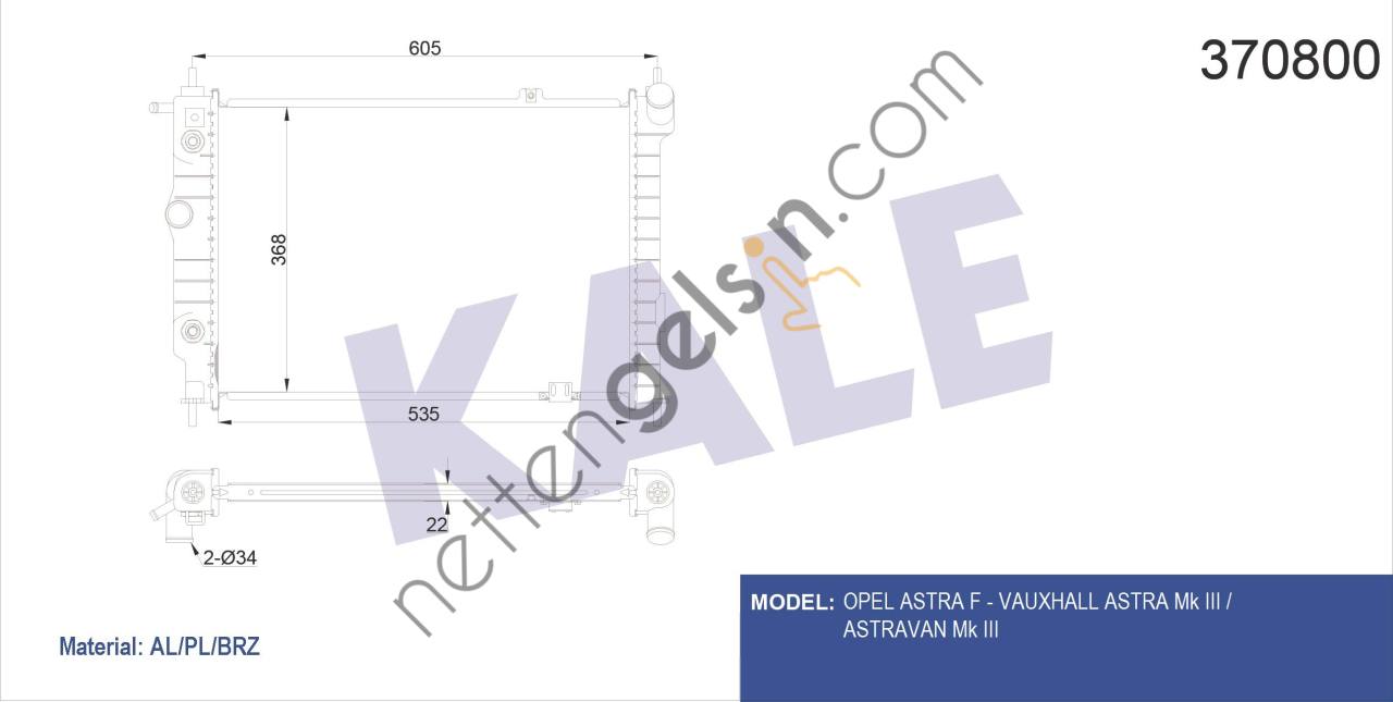 KALE 370800 MOTOR SU RADYATOR (BRAZING) ASTRA F KLIMA HARIC X14XE X16XEL  OPEL BİNEK MOTOR SU RADYATORU