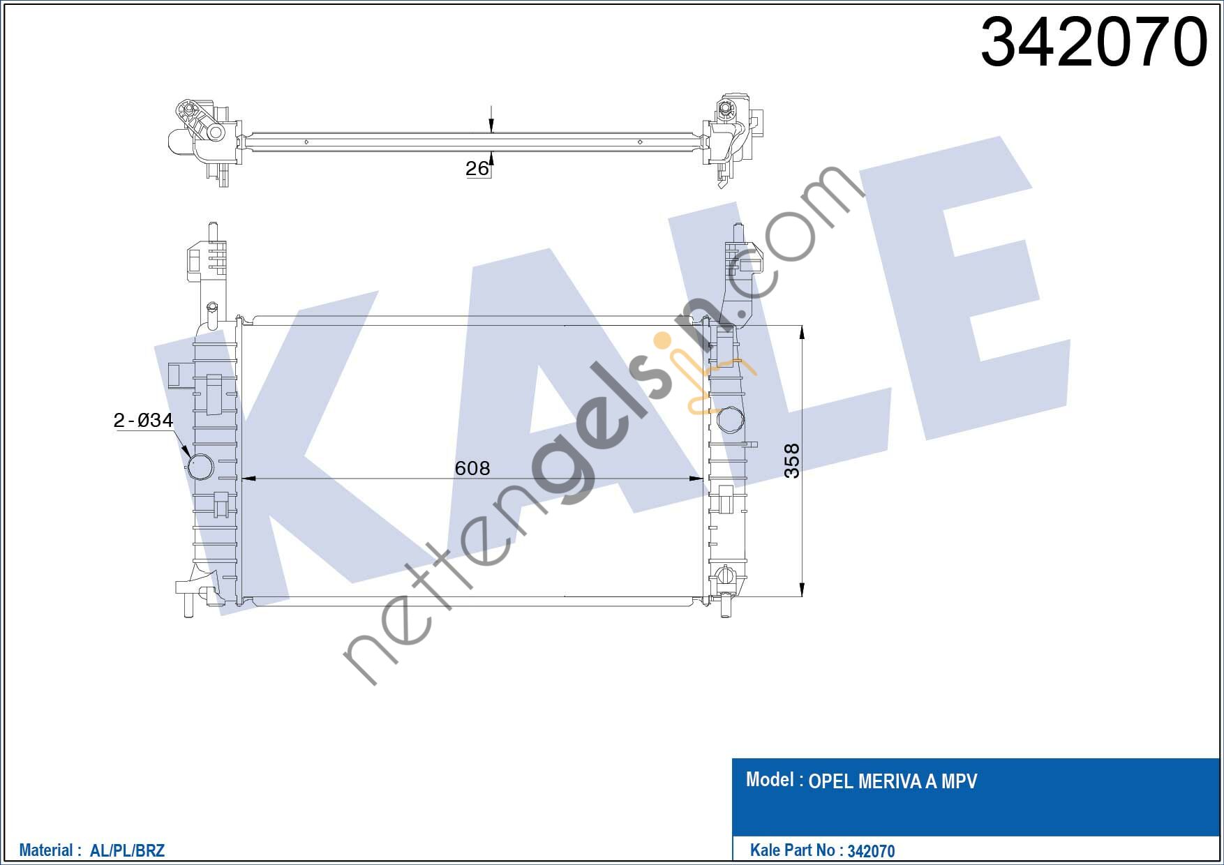 KALE 342070 MOTOR SU RADYATORU BRAZING Z14XEP Z16XE MERIVA A  OPEL BİNEK MOTOR SU RADYATORU