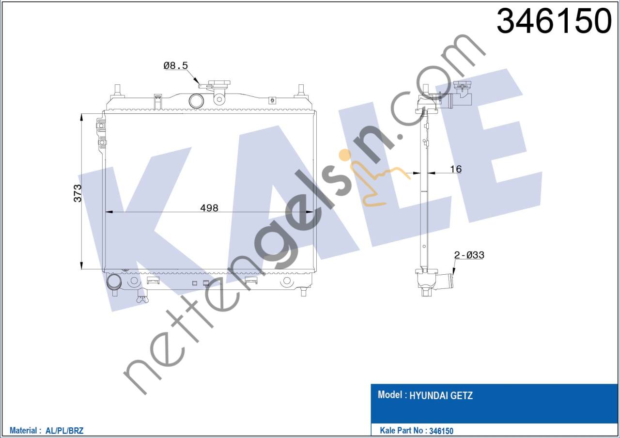 KALE 346150 MOTOR SU RADYATORU HYUNDAI GETZ 1,3 1,4 BENZINLI MANUEL 03> (370X488X16)  HYUNDAI BİNEK MOTOR SU RADYATORU