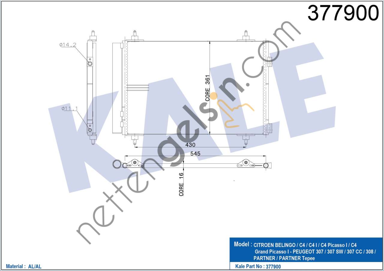 KALE 377900 KLIMA RADYATORU(KONDANSER) C4-P307 TU5JP4(1,6 16V)-ET3J4(1,4 16V) (01-06) BERLINGO III-PARTNER TEPE  PEUGEOT-CITROEN BİNEK KLİMA RADYATÖRÜ