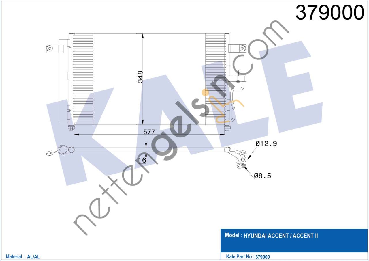 KALE 379000 KLIMA RADYATORU KOMPLE ACCENT 1.5 1.6 2000 2005 (571×353×17)  HYUNDAI BİNEK KLİMA RADYATÖRÜ