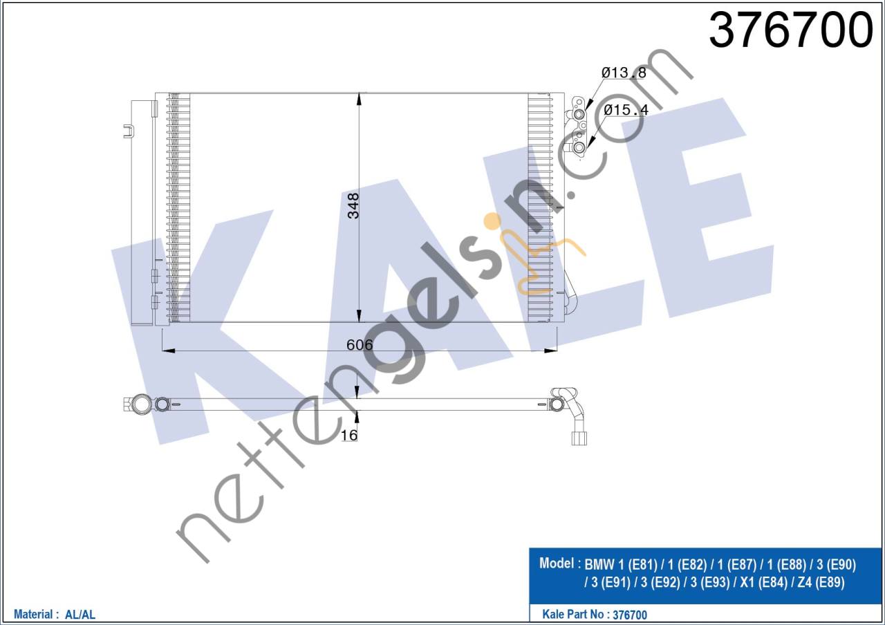 KALE 376700 CONDENSER BMW 1 (E81) 1 (E82) 1 (E87) 1 (E88) 3 (E90) 3 (E91) 3 (E92) 3 (E93) X1 (E84) Z4 (E89) 62  BMW BİNEK KLİMA RADYATÖRÜ