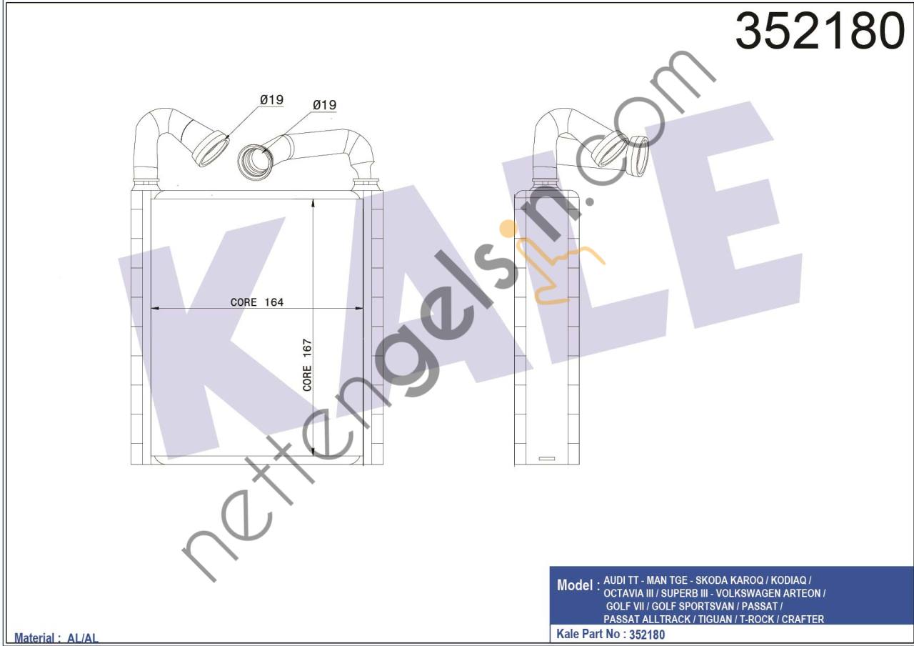 KALE 352180 KALORIFER RADYATORU GOLF VII OCTAVIA 13> CRAFTER KODIAQ ARTEON 17> SUPERB PASSAT TT 15> TIGUAN ATECA 16>  VW-AUDI-SEAT-SKODA BİNEK KALORİFER RADYATÖRÜ