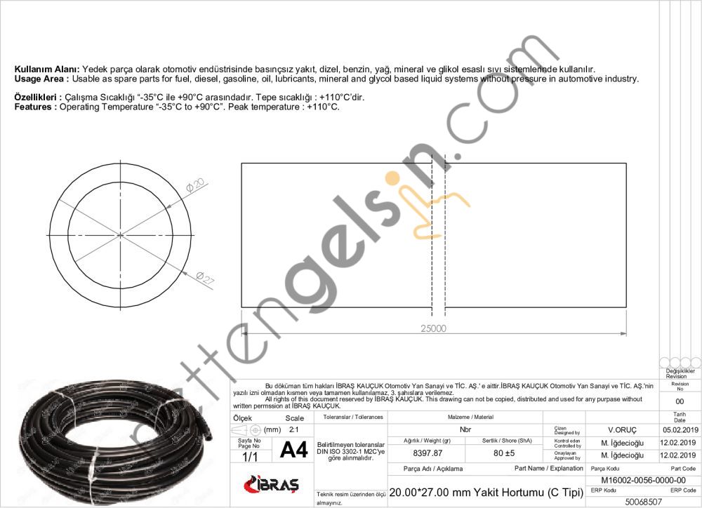 IBRAS 68507 20.0mm x 27.0mm UNIVERSAL YAKIT HORTUMU ( MAKARASIZ ) C TIPI  GENEL BİNEK RULO HORTUM