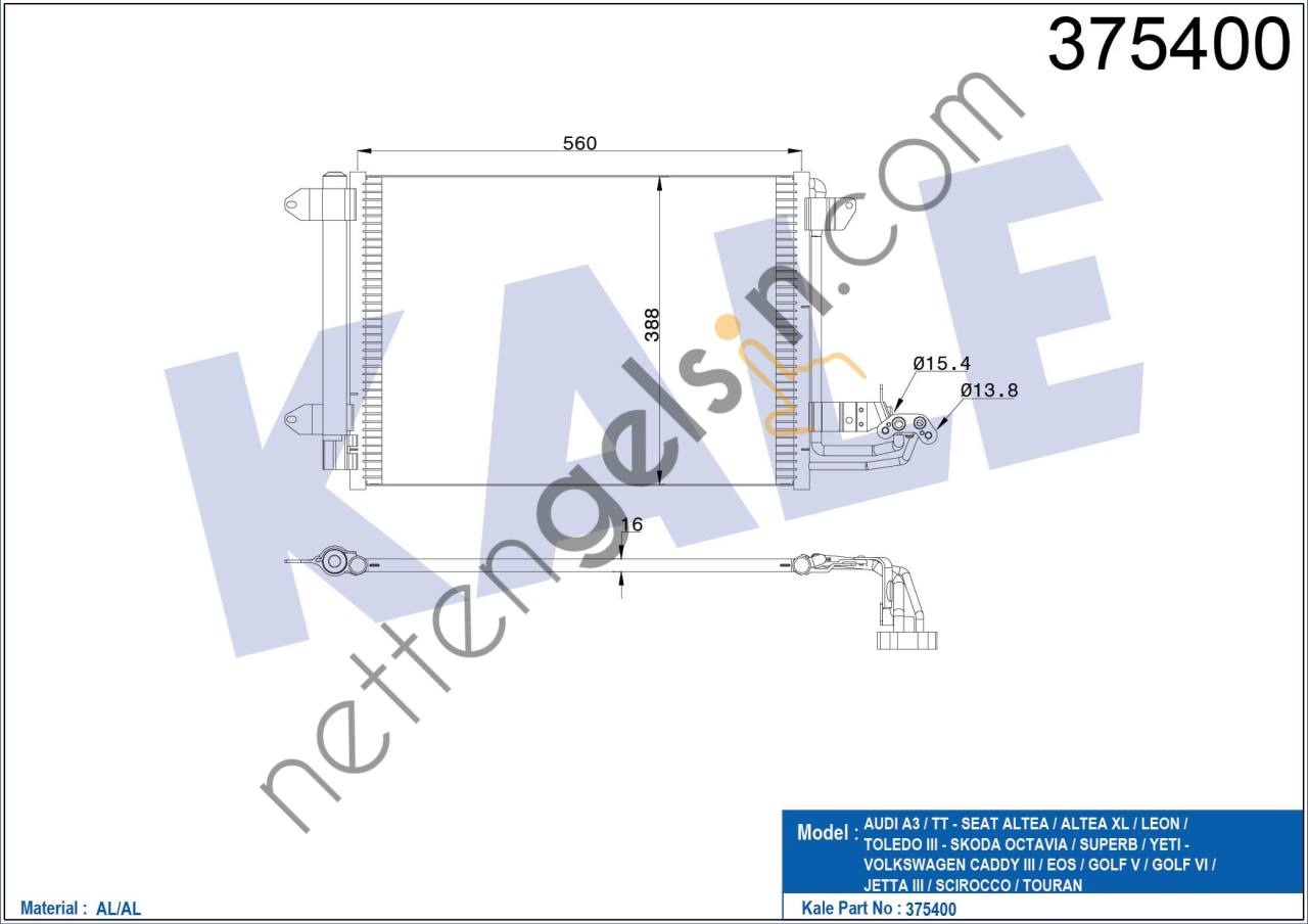 KALE 375400 KLIMA RADYATORU CADDY III GOLF V VI JETTA III EOS SCIROCCO TORURAN SUPER B OCTAVIA YETI TOLEDO LEON ALTEA A3 AUDI TT 1.2 TSI 1.4TFSI 1.6 FSI 1.8 TFSI 2.0FSI 1.6TDI 1.9TDI 2.0TDI  VW-AUDI-SEAT-SKODA BİNEK KLİMA RADYATÖRÜ
