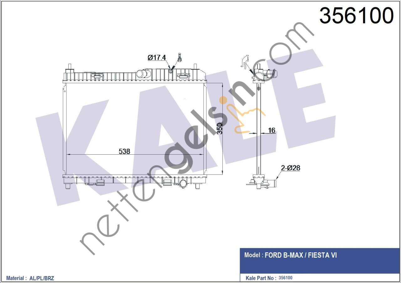 KALE 356100 MOTOR RADYATORU FIESTA B-MAX 1,25/1,4/1,6 BENZINLI 08->  FORD BİNEK MOTOR SU RADYATORU