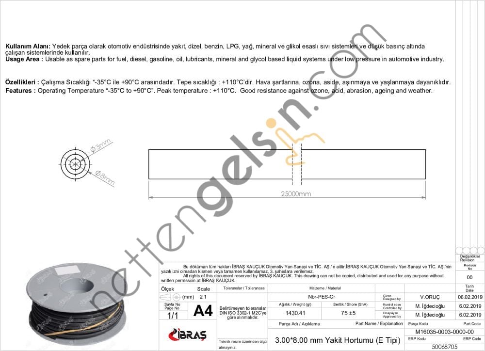 IBRAS 68705 3.0mm x 8.0mm UNIVERSAL YAKIT HORTUMU ( MAKARALI )E TIPI  GENEL BİNEK RULO HORTUM
