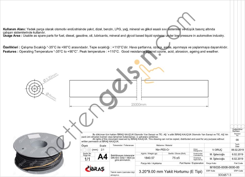IBRAS 68713 3.2mm x 9.0mm UNIVERSAL YAKIT HORTUMU ( MAKARALI )E TIPI  GENEL BİNEK RULO HORTUM