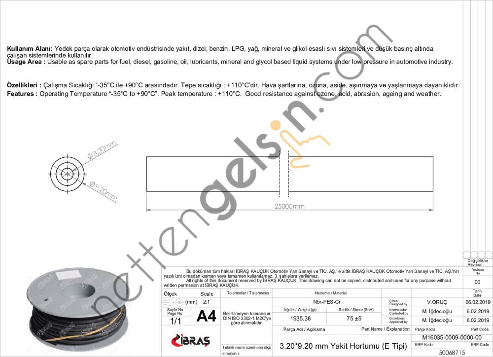 IBRAS 68715 3.2mm x 9.2mm UNIVERSAL YAKIT HORTUMU ( MAKARALI )E TIPI  GENEL BİNEK RULO HORTUM