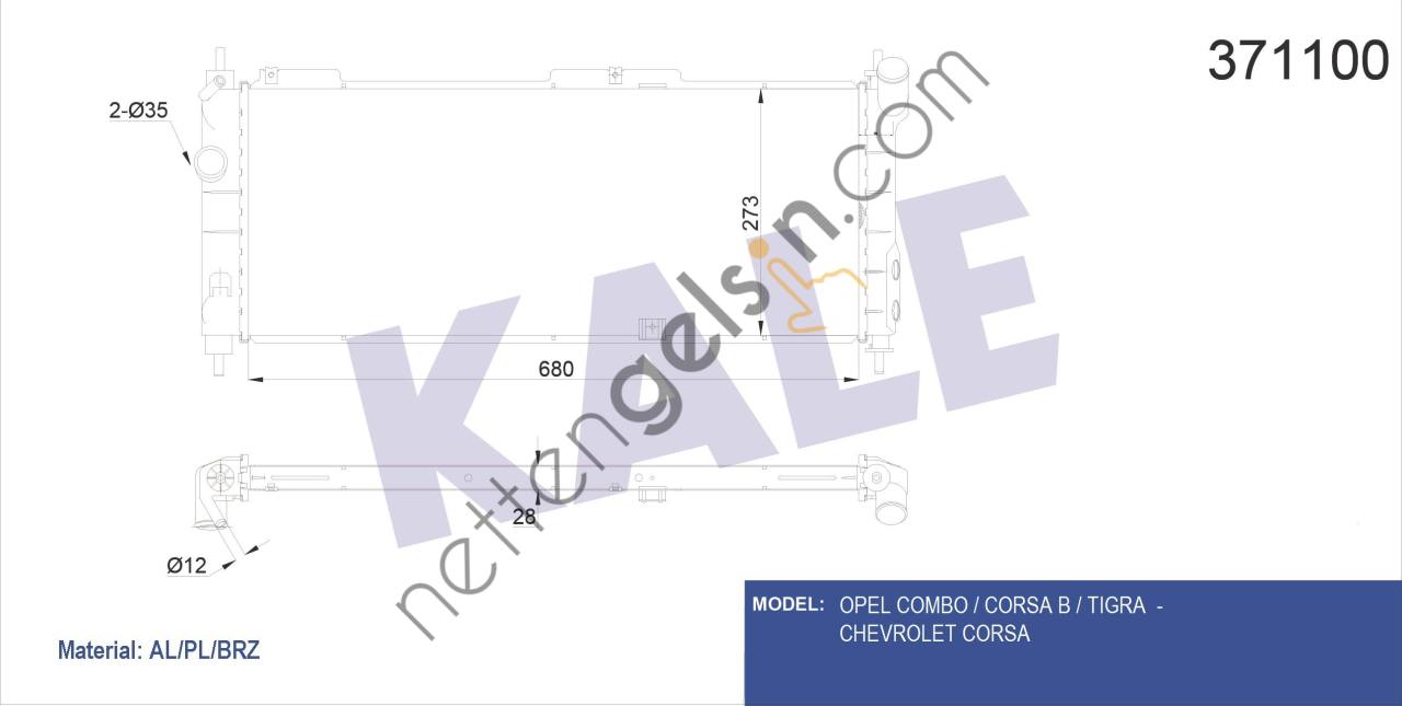 KALE 371100 MOTOR SU RADYATORU COMBO CORSA CORSA B TIGRA (680X273X26) BRAZING MANUEL VITES  OPEL BİNEK MOTOR SU RADYATORU