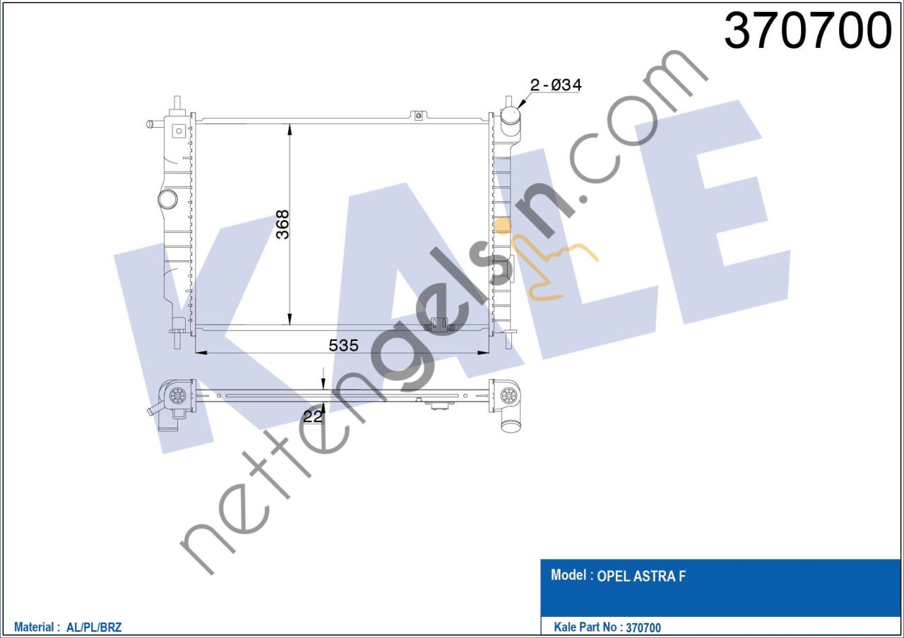 KALE 370700 MOTOR SU RADYATORU (BRAZING) ASTRA F 1,7D 91-98 X14XE 536X368X32  OPEL BİNEK MOTOR SU RADYATORU