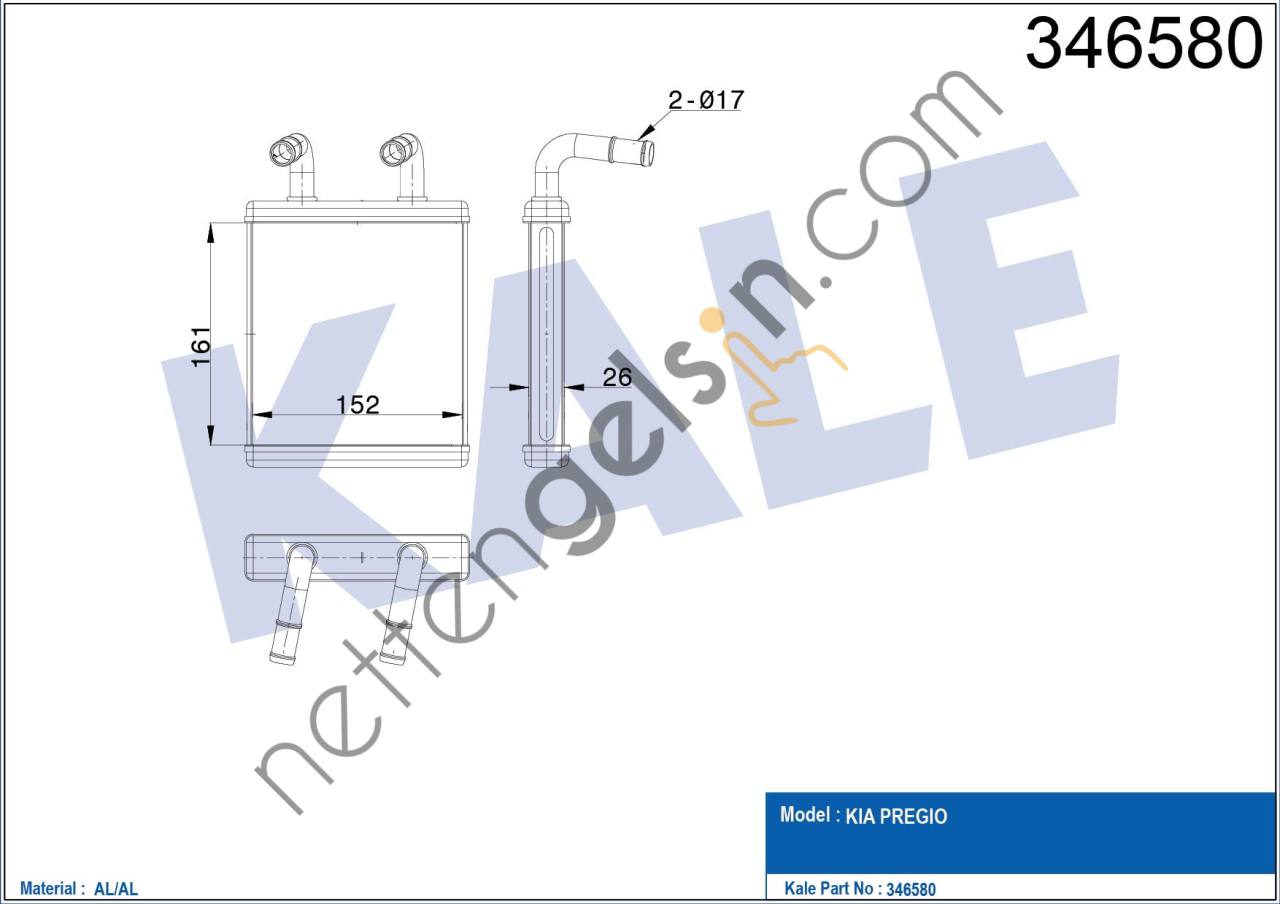 KALE 346580 KALORIFER RADYATORU KIA PREGIO 1997> 2004 (179X156X22)  KIA BİNEK KALORİFER RADYATÖRÜ