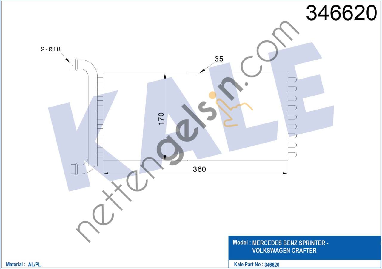 KALE 346620 KALORIFER RADYATORU CRAFTER SPRINTER 06>  VW-AUDI-SEAT-SKODA BİNEK KALORİFER RADYATÖRÜ
