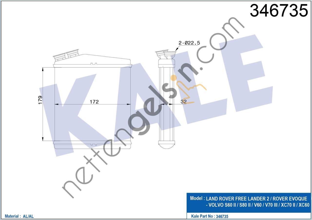 KALE 346735 KALORIFER RADYATORU FREELANDER 2 06-14 EVOQUE 12-18 DISCOVERY SPORT 15> / S60 II S80 II V60 V70 III XC70 II XC60  LAND ROVER BİNEK KALORİFER RADYATÖRÜ