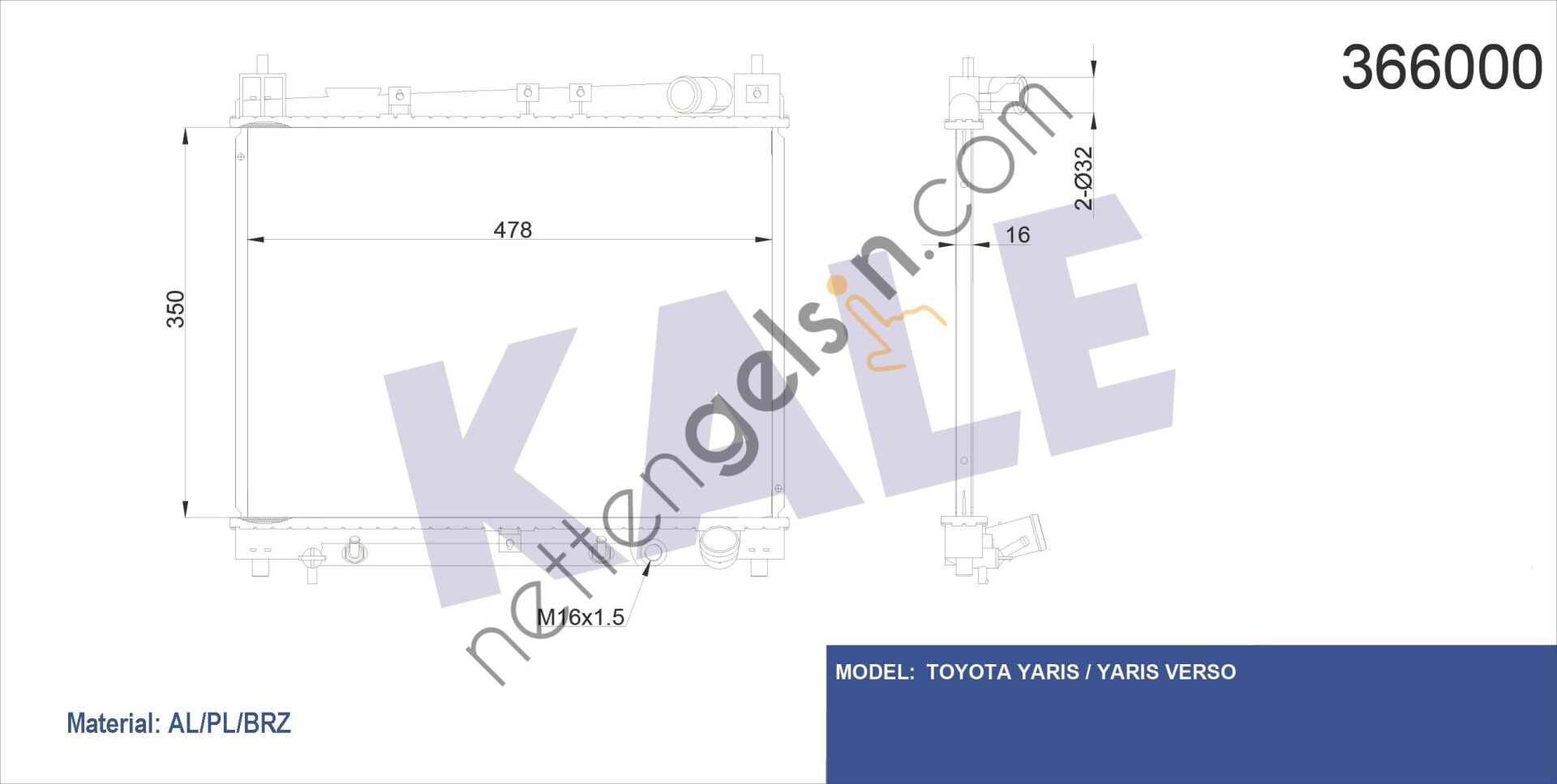 KALE 366000 MOTOR SU RADYATORU TOYOTA YARIS VERSO 1,3 1999 2005 OTOMATIK VITES (350X478X16)  TOYOTA BİNEK MOTOR SU RADYATORU