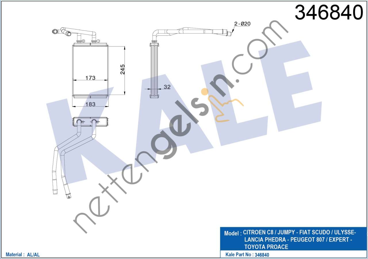 KALE 346840 KALORIFER RADYATORU EXPERT III JUMPY III SCUDO III C8 P807 2,0HDI 16V / 1,6HDI 16V  PEUGEOT-CITROEN BİNEK KALORİFER RADYATÖRÜ