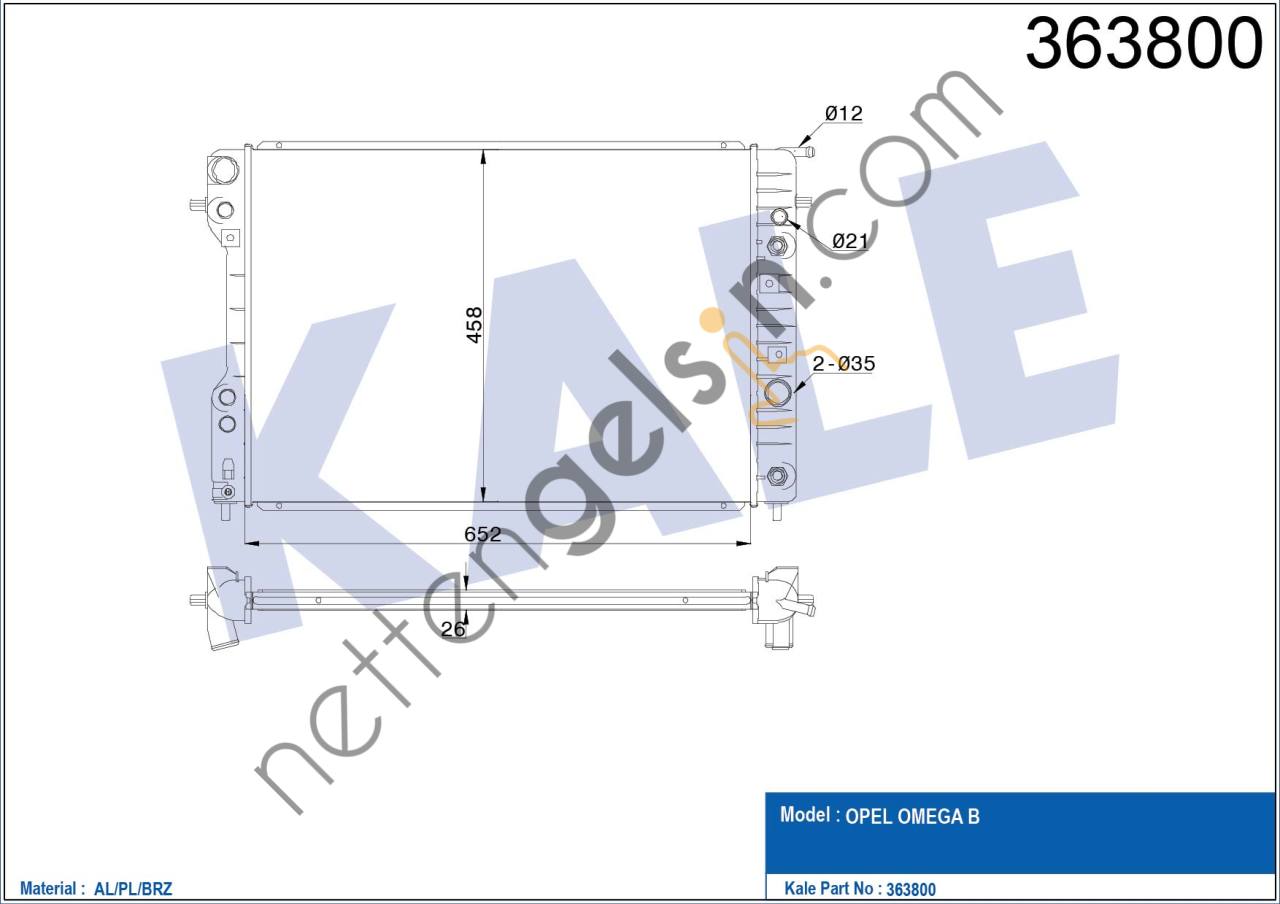KALE 363800 MOTOR RADYATORU (652x458x26) OMEGA B X25XE / A.T 95>98 (BRAZING) (652X458X26)  OPEL BİNEK MOTOR SU RADYATORU