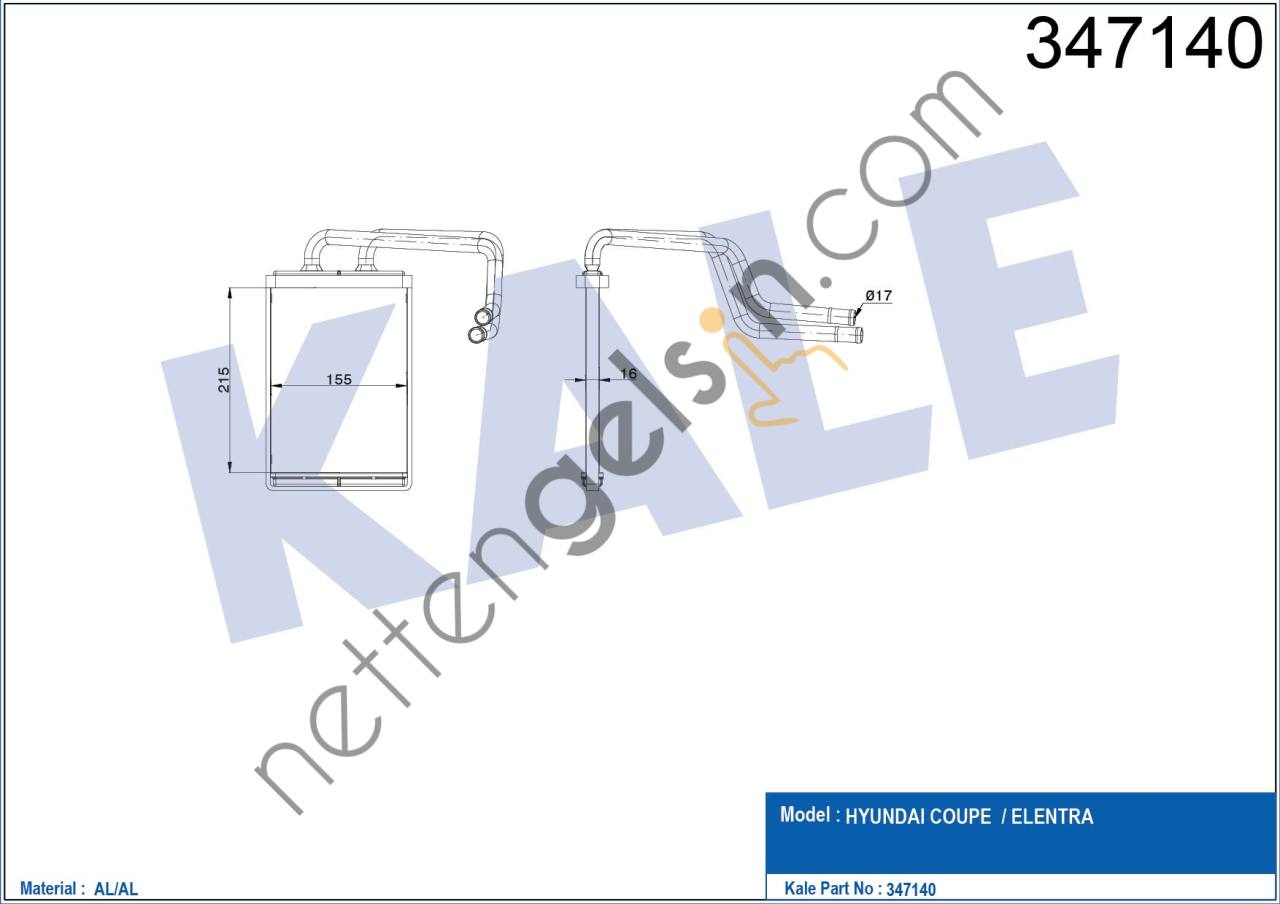 KALE 347140 KALORIFER RADYATORU HYUNDAI ELANTRA 2001-2006 (210X155X26)  HYUNDAI BİNEK KALORİFER RADYATÖRÜ