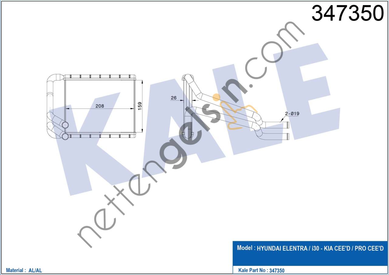 KALE 347350 KALORIFER RADYATORU HYUNDAI I30 2012> KIA CEED 2012>  HYUNDAI BİNEK KALORİFER RADYATÖRÜ