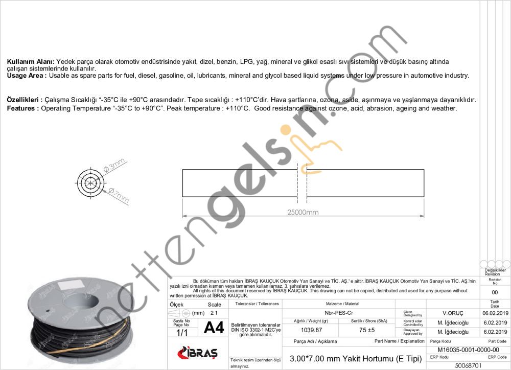IBRAS 68701 3.0mm x 7.0mm UNIVERSAL YAKIT HORTUMU ( MAKARALI )E TIPI  GENEL BİNEK RULO HORTUM