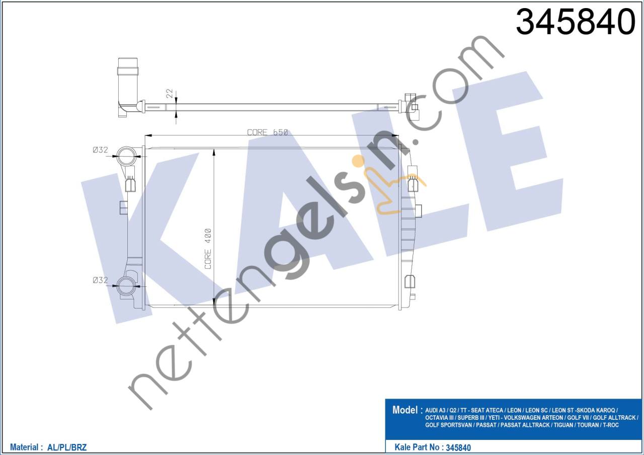 KALE 345840 MOTOR SU RADYATORU 650x395x22 A3 1,2 / 1,4 / 1,6TDI GOLF VII 1,2 / 1,4 / 1,6TDI 12>  VW-AUDI-SEAT-SKODA BİNEK MOTOR SU RADYATORU