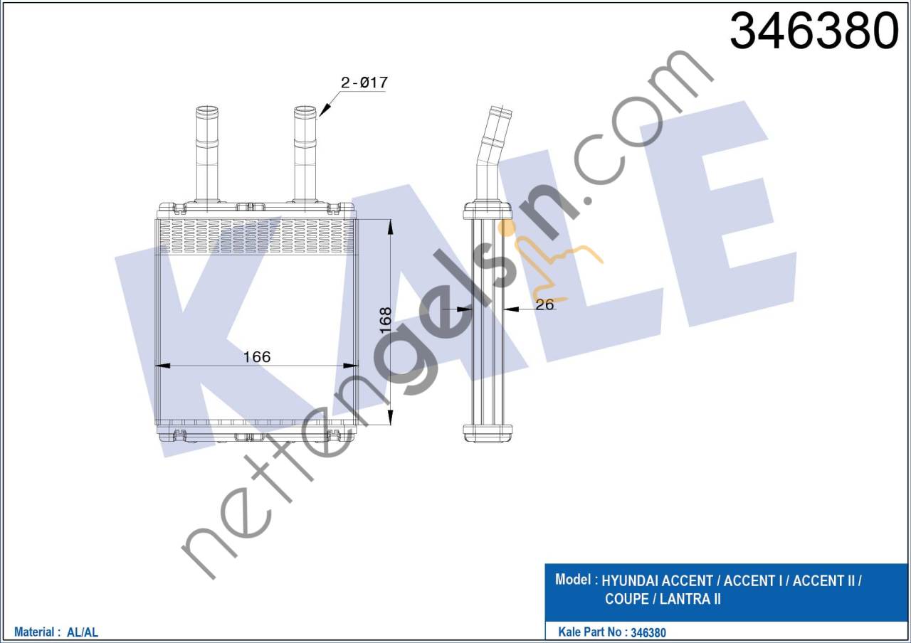 KALE 346380 KALORIFER RADYATORU HYUNDAI ACCENT 1994-2005 (167X165X26)  HYUNDAI BİNEK KALORİFER RADYATÖRÜ