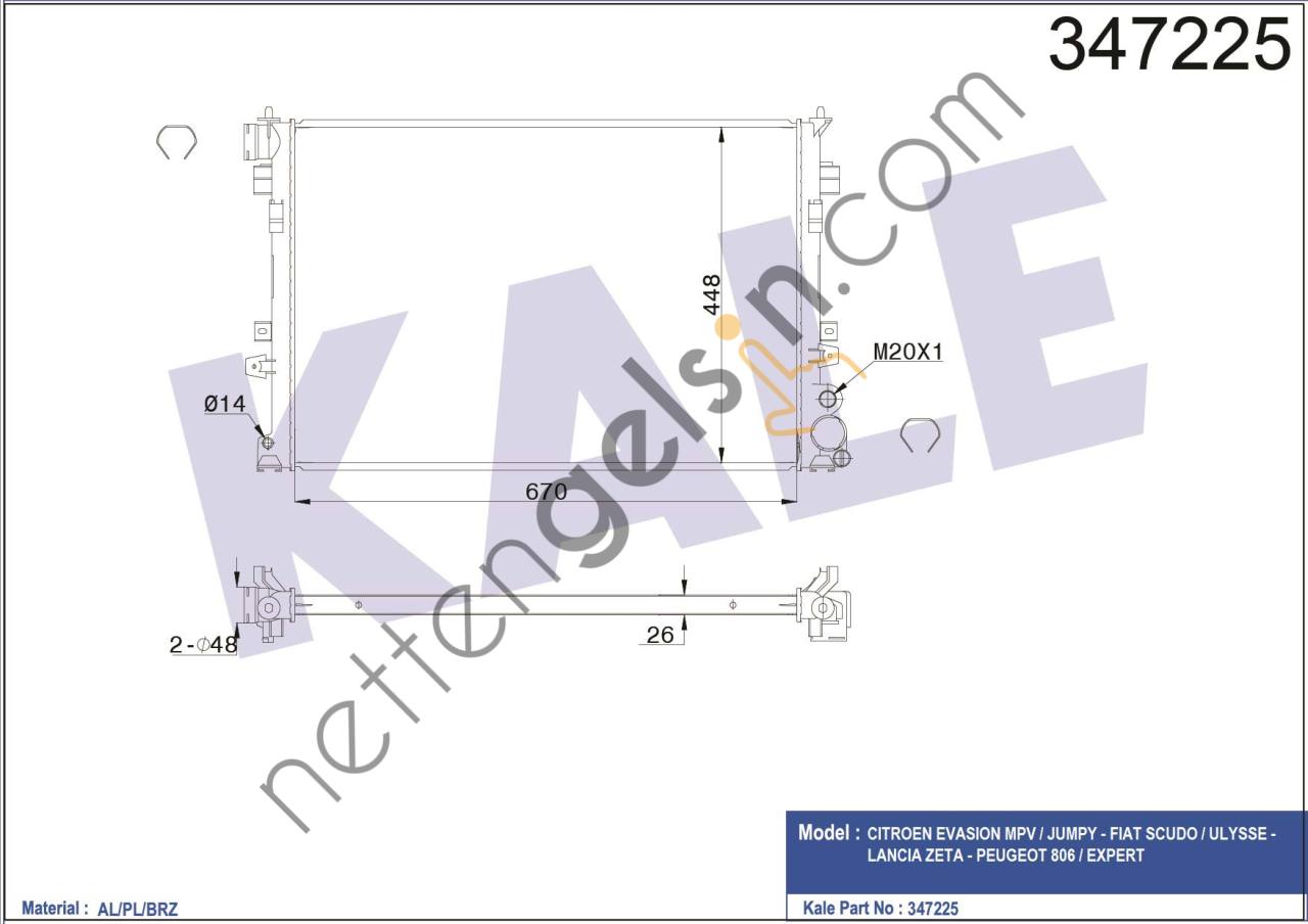 KALE 347225 MOTOR SU RADYATORU JUMPY SCUDO EVASION DW8 KLIMALI JUMPY SCUDO EVASION DW10 (2,0HDI 8V)  PEUGEOT-CITROEN BİNEK MOTOR SU RADYATORU
