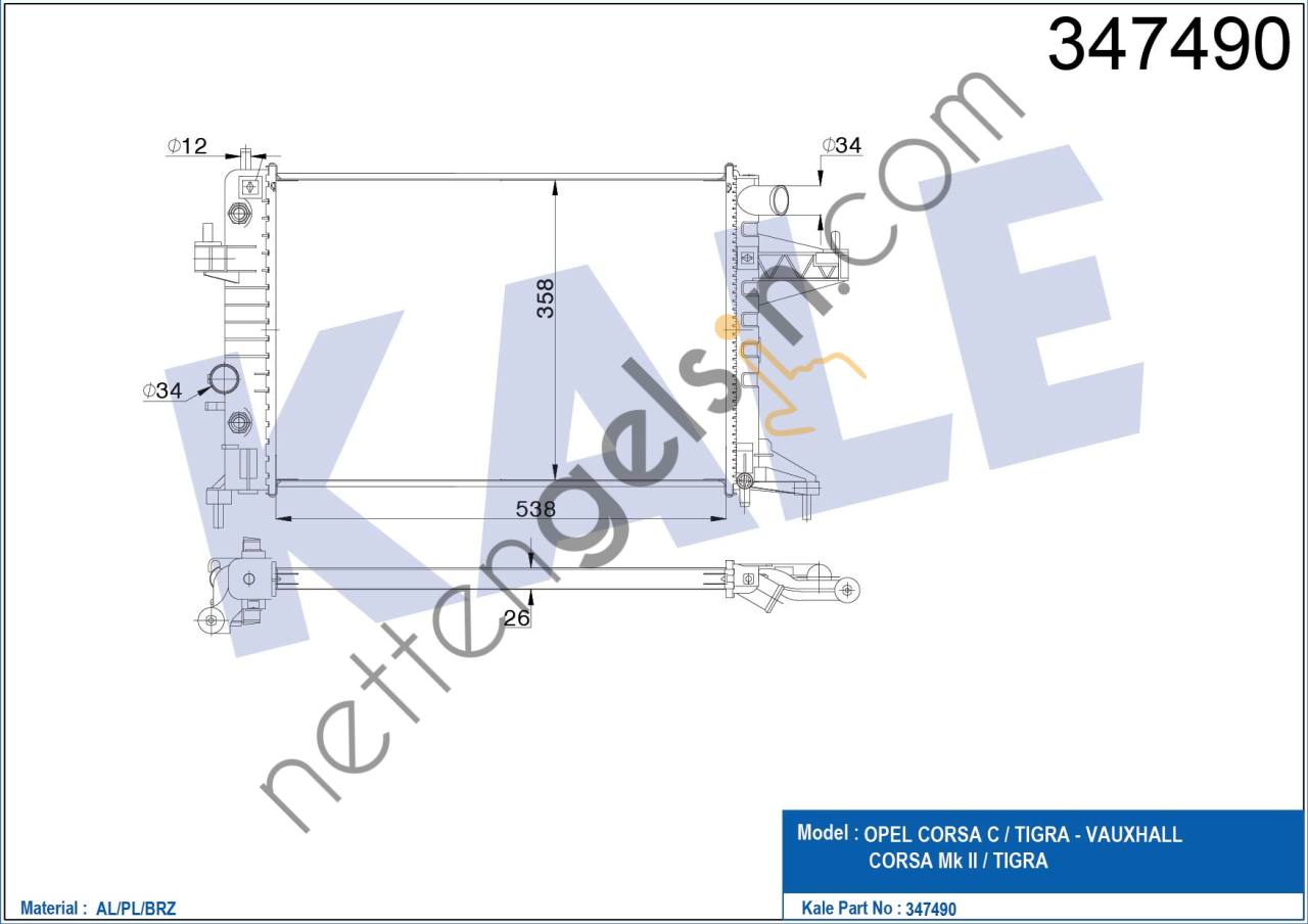 KALE 347490 MOTOR SU RADYATORU BRAZING KLİMALI A.T CORSA C 01>11 Z14XE - Z18XE  OPEL BİNEK MOTOR SU RADYATORU