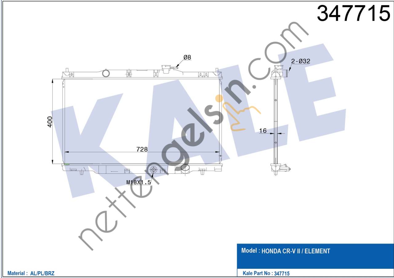 KALE 347715 MOTOR SU RADYATORU HONDA CRV 2002 2007 (MANUEL VITES) / (16mm)  HONDA BİNEK MOTOR SU RADYATORU