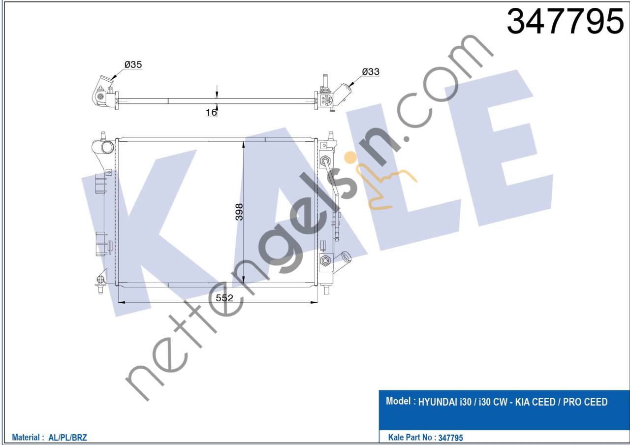 KALE 347795 MOTOR RADYATOR I30-I30CW-CEED-CEED CW-1,6 DIZEL OTOMATIK 12->  HYUNDAI BİNEK MOTOR SU RADYATORU
