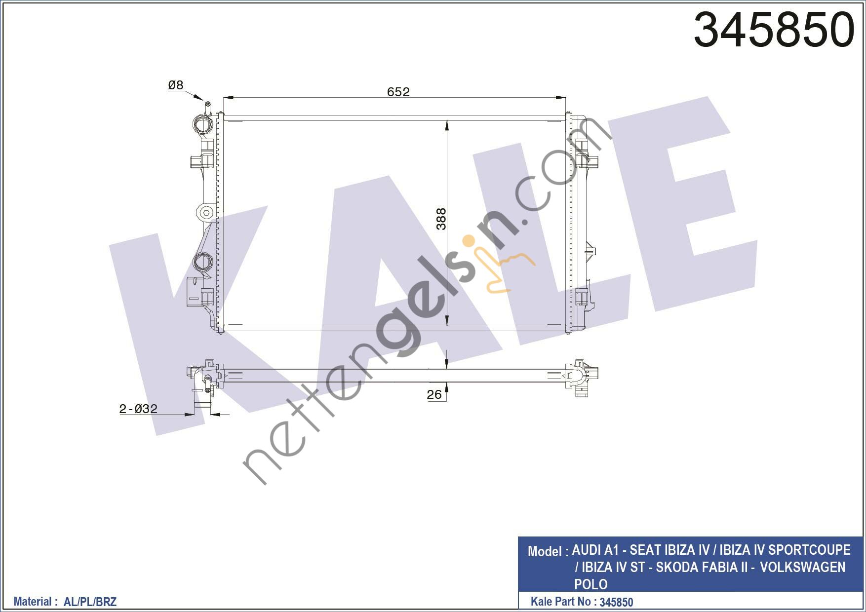 KALE 345850 MOTOR RADYATORU A1 10> IBIZA 08> POLO 09> 1,4TFSI (652x398x26)  VW-AUDI-SEAT-SKODA BİNEK MOTOR SU RADYATORU