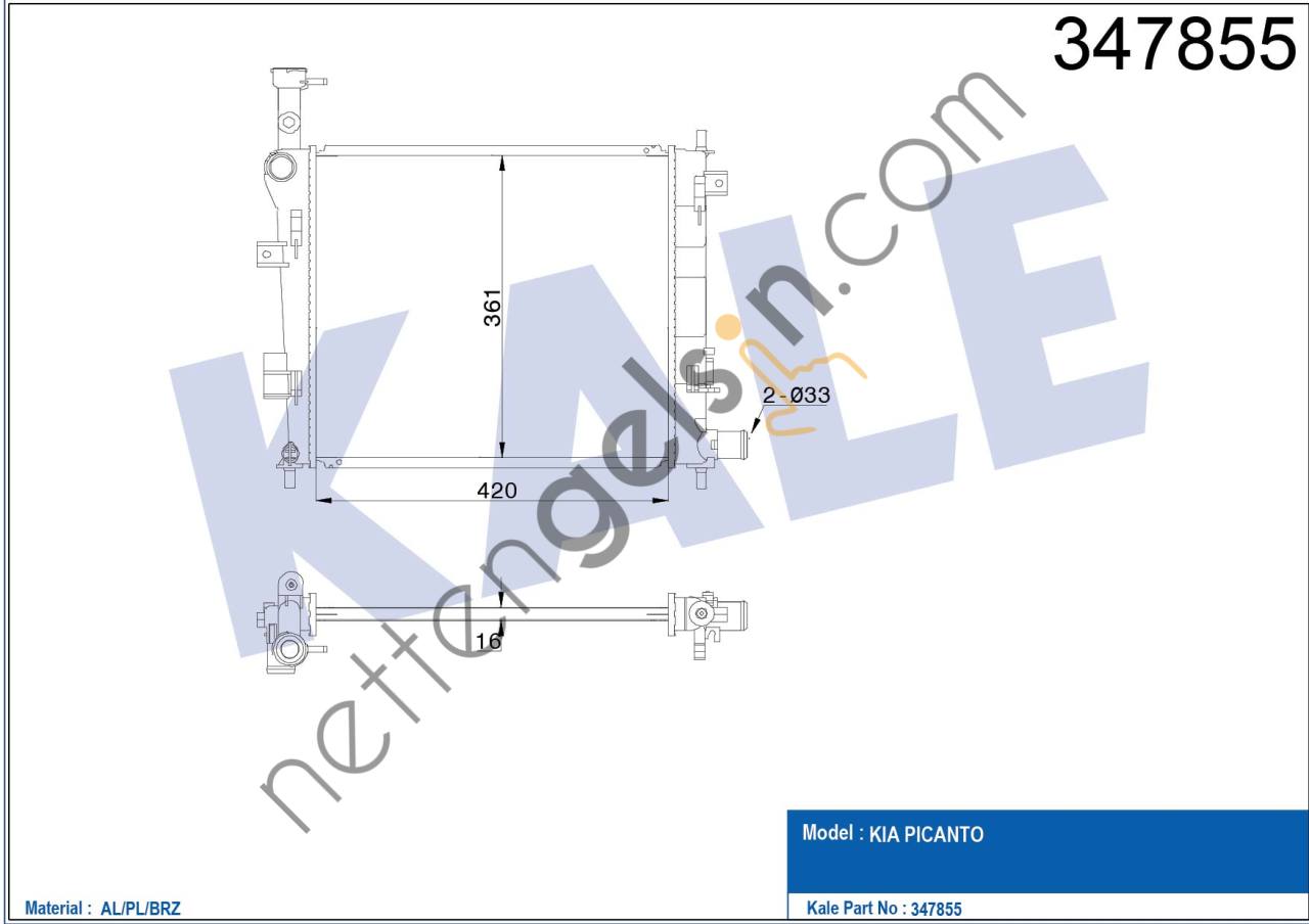 KALE 347855 MOTOR SU RADYATORU KIA PICANTO 1.0 1.1 11> MANUEL 420×358×16  KIA BİNEK MOTOR SU RADYATORU
