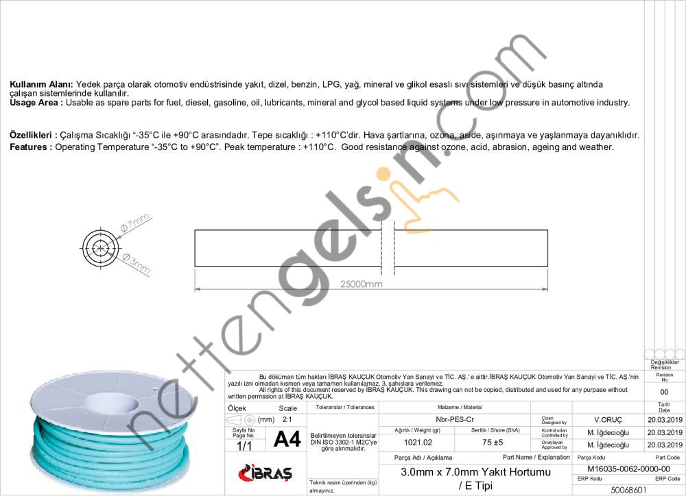 IBRAS 68601 3.0mm x 7.0mm UNIVERSAL YAKIT HORTUMU ( MAKARALI )E TIPI YESIL RENK'TIR  GENEL BİNEK RULO HORTUM