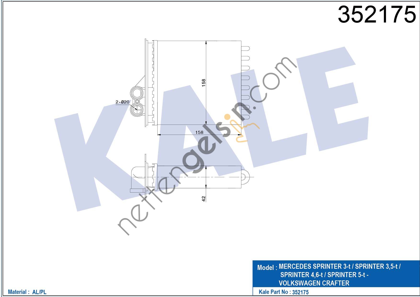 KALE 352175 KALORIFER RADYATORU ARKA SPRINTER 06> CRAFTER 06>  MERCEDES BİNEK KALORİFER RADYATÖRÜ