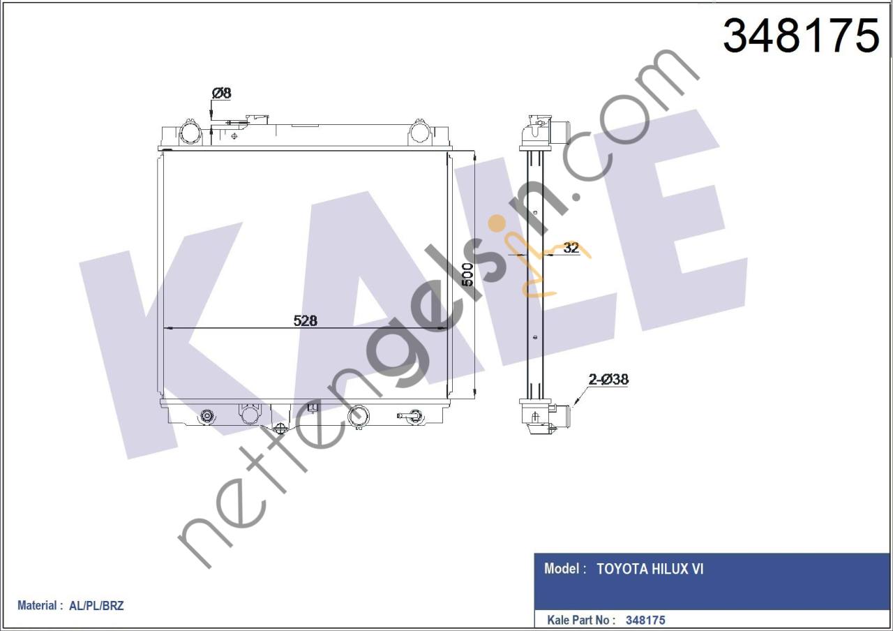 KALE 348175 MOTOR SU RADYATORU TOYOTA HILUX VI PIck up 2.5 TD 01> (OTOMATIK VITES) / (32mm)  TOYOTA BİNEK MOTOR SU RADYATORU