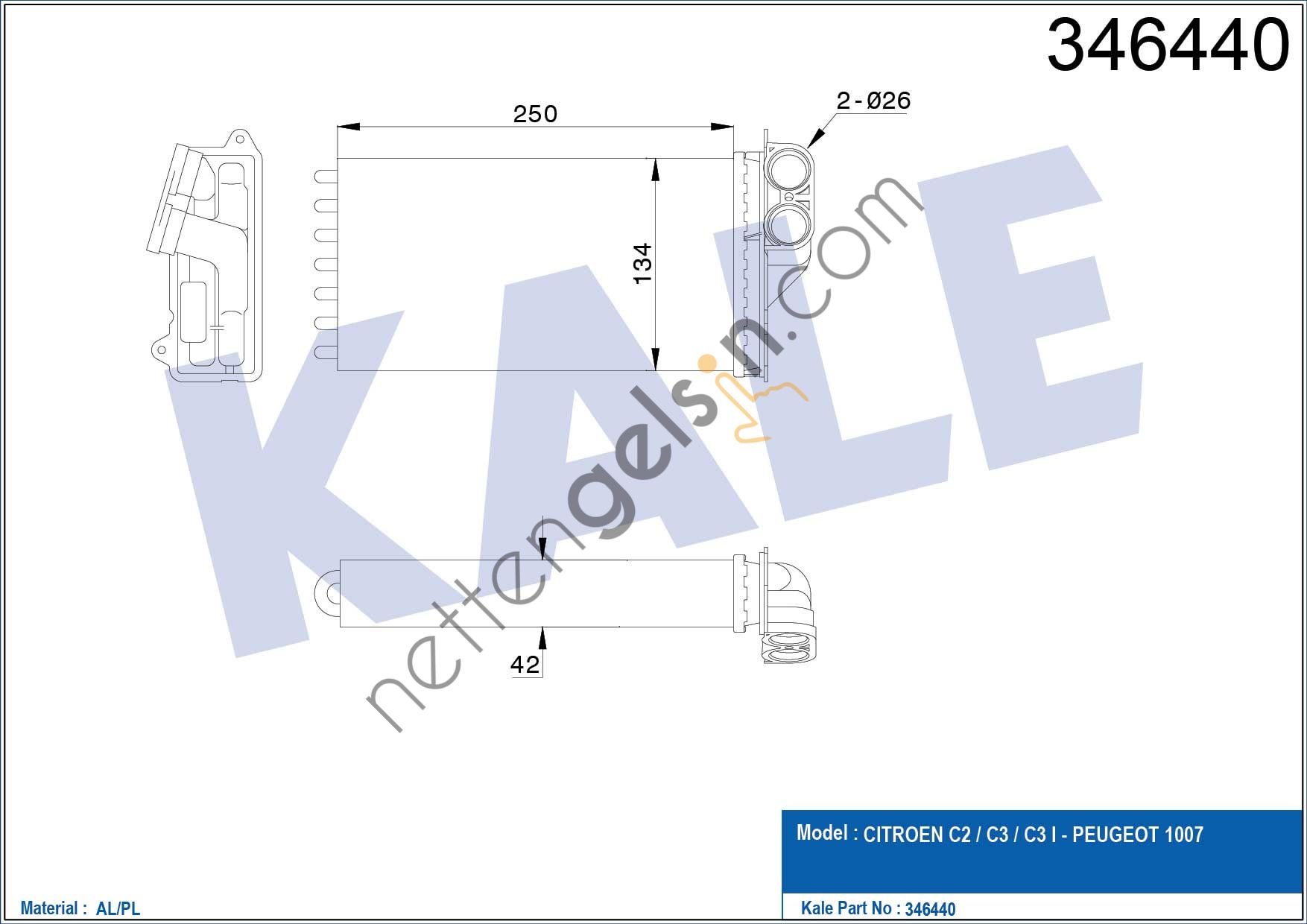 KALE 346440 KALORIFER RADYATORU C2 C3 C3 II C3 PLURIEL 1,4 1,6 HDI 02>09 P1007 1,4 HDI 05>07  PEUGEOT-CITROEN BİNEK KALORİFER RADYATÖRÜ