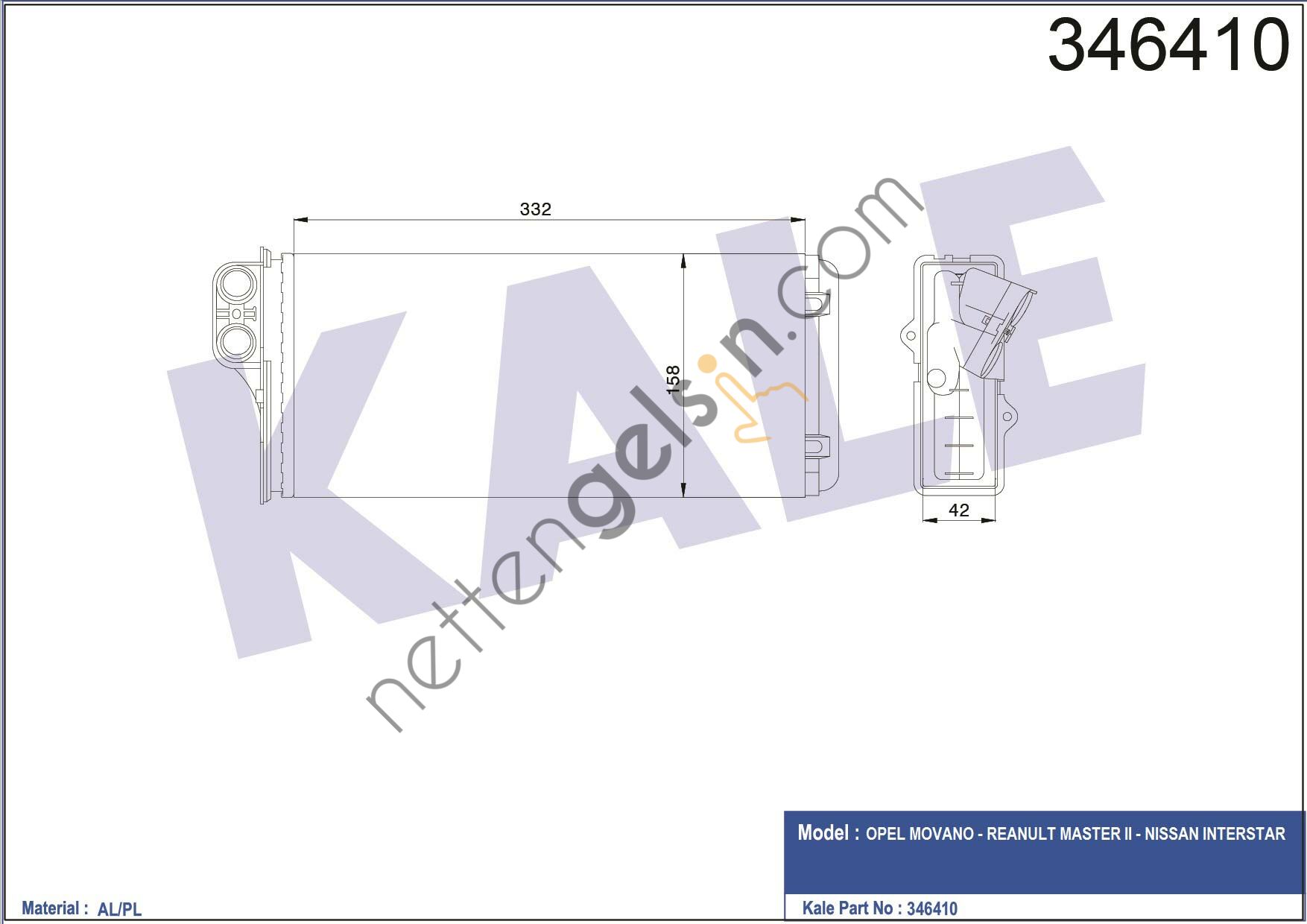 KALE 346410 KALORIFER RADYATORU OPEL MOVANO RENAULT MASTER II NISSAN INTERSTAR 1.9 DCI 2.2 DCI 2.5 DCI 2.8 DCI  RENAULT BİNEK KALORİFER RADYATÖRÜ