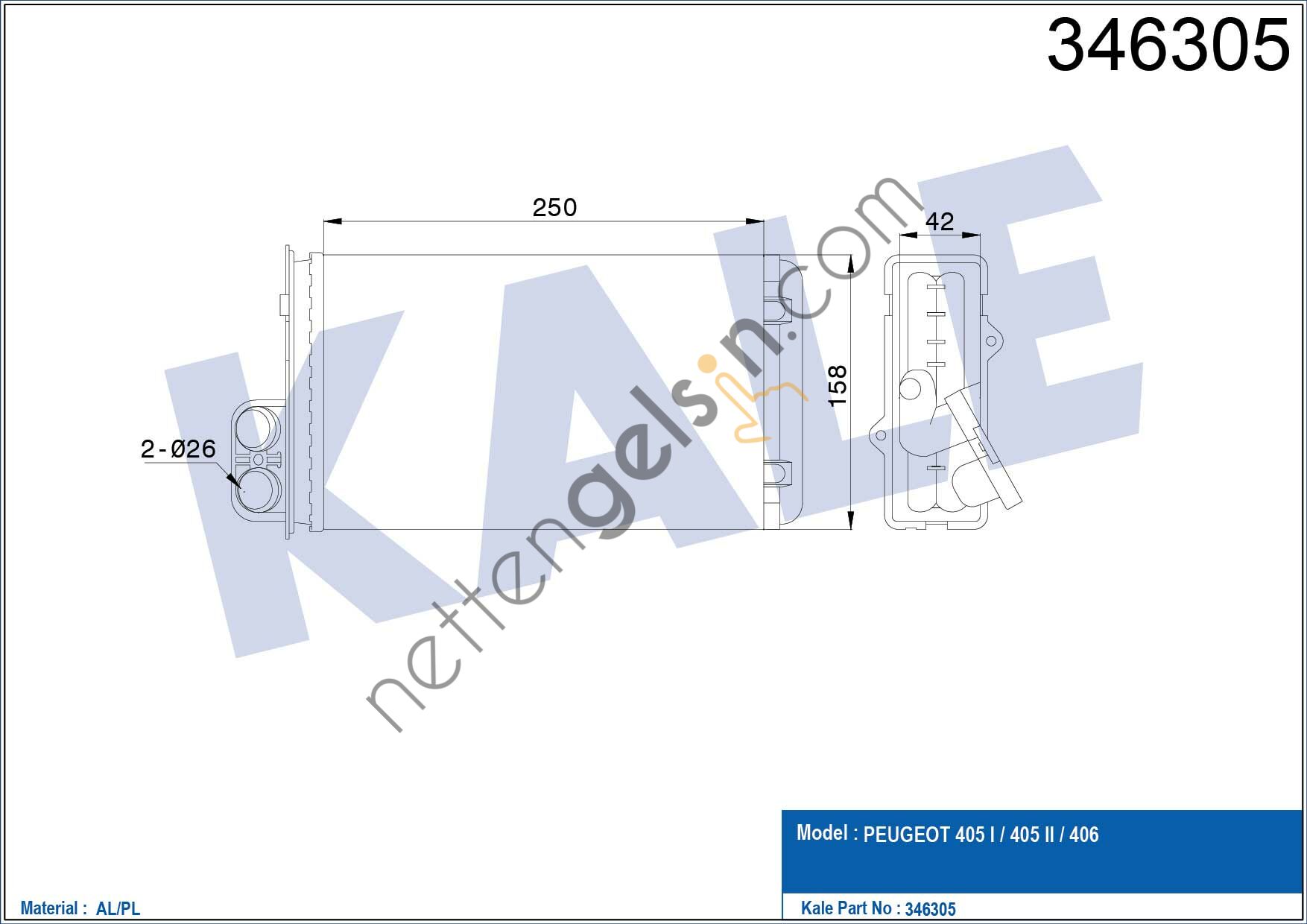 KALE 346305 KALORIFER RADYATORU PEUGEOT 405 YM SRI XU9J2 (1,9 8V) P406 BEHR TIPI 2,0  PEUGEOT-CITROEN BİNEK KALORİFER RADYATÖRÜ