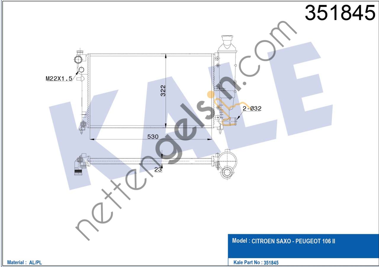 KALE 351845 MOTOR SU RADYATORU TU5JP 106 GTI SAXO VTS KLIMALI TU3JP &sol; TU5J4 (1,4 &sol; 1,6 16V) &sol; (96 03) OLCU: (530*298*22)   PEUGEOT-CITROEN BİNEK MOTOR SU RADYATORU