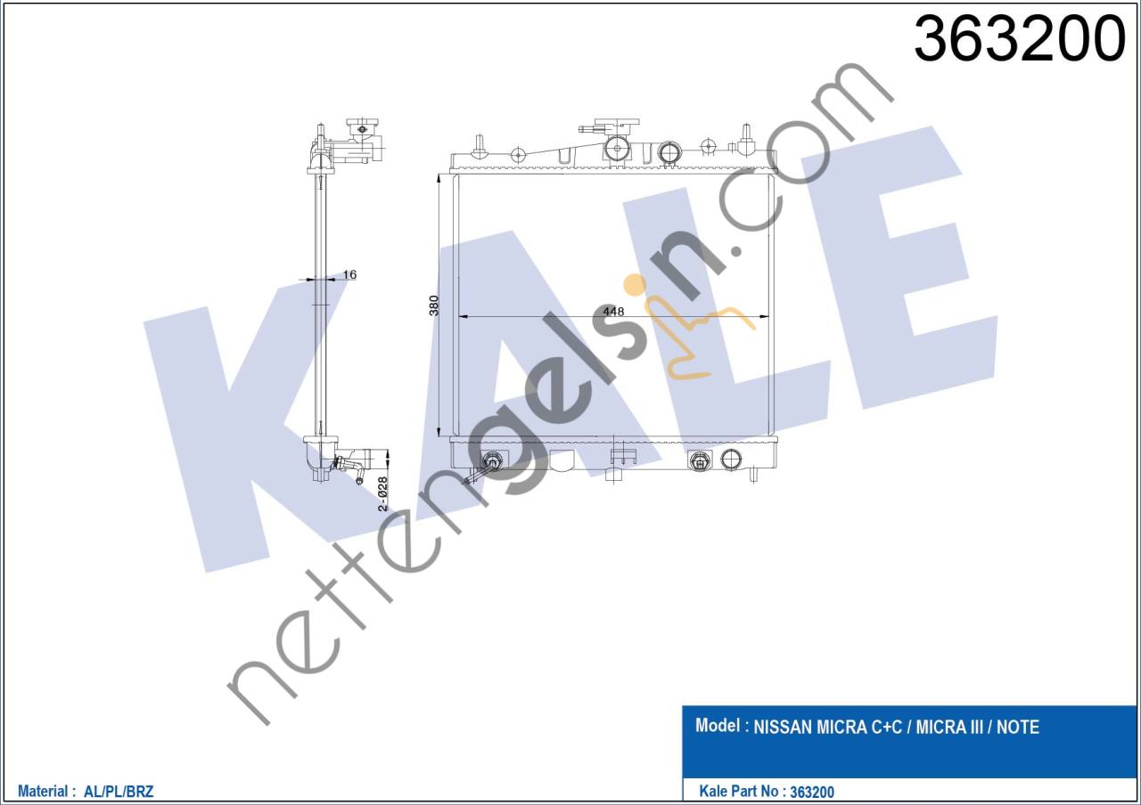 KALE 363200 MOTOR SU RADYATORU NISSAN MICRA K12 KASA 2003 2010 OTOMATIK VITES (350X383X16)  NISSAN BİNEK MOTOR SU RADYATORU