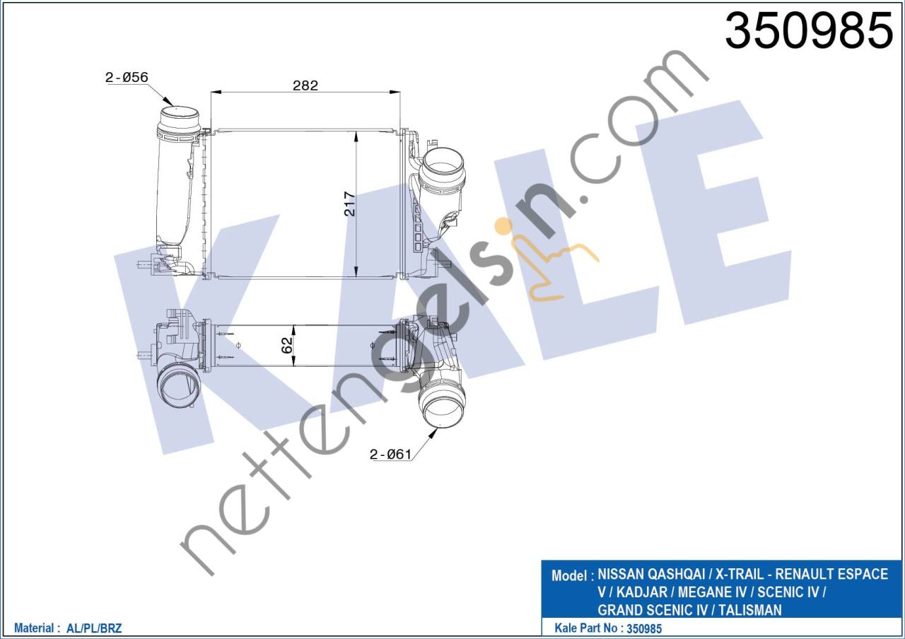 KALE 350985 INTERCOOLER NISSAN QASHQAI 1,6 DCI 2013 ->  NISSAN BİNEK TURBO RADYATÖRÜ