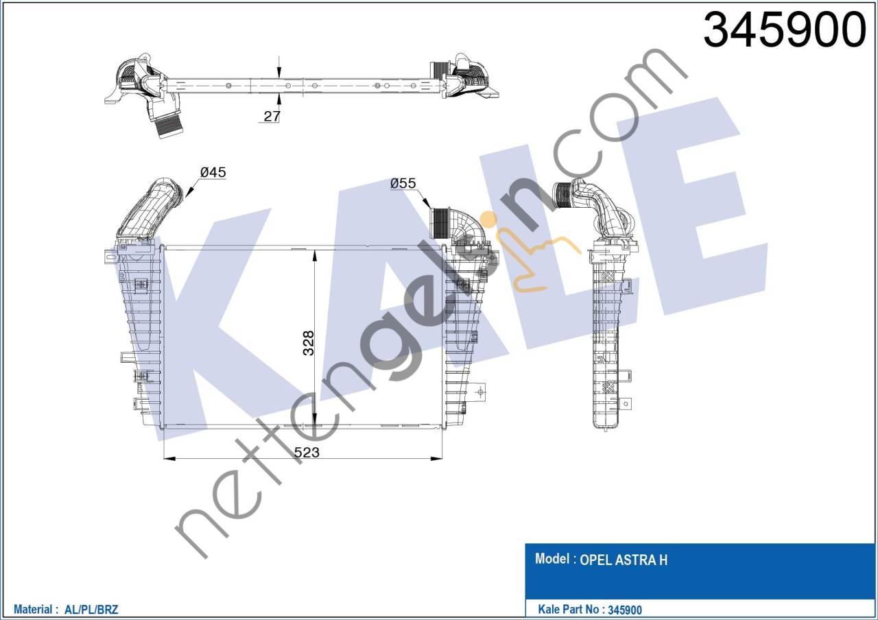 KALE 345900 INTERCOOLER TURBO RADYATORU ASTRA H Z17DTJ Z17DTR 523×328,6×27  OPEL BİNEK TURBO RADYATÖRÜ