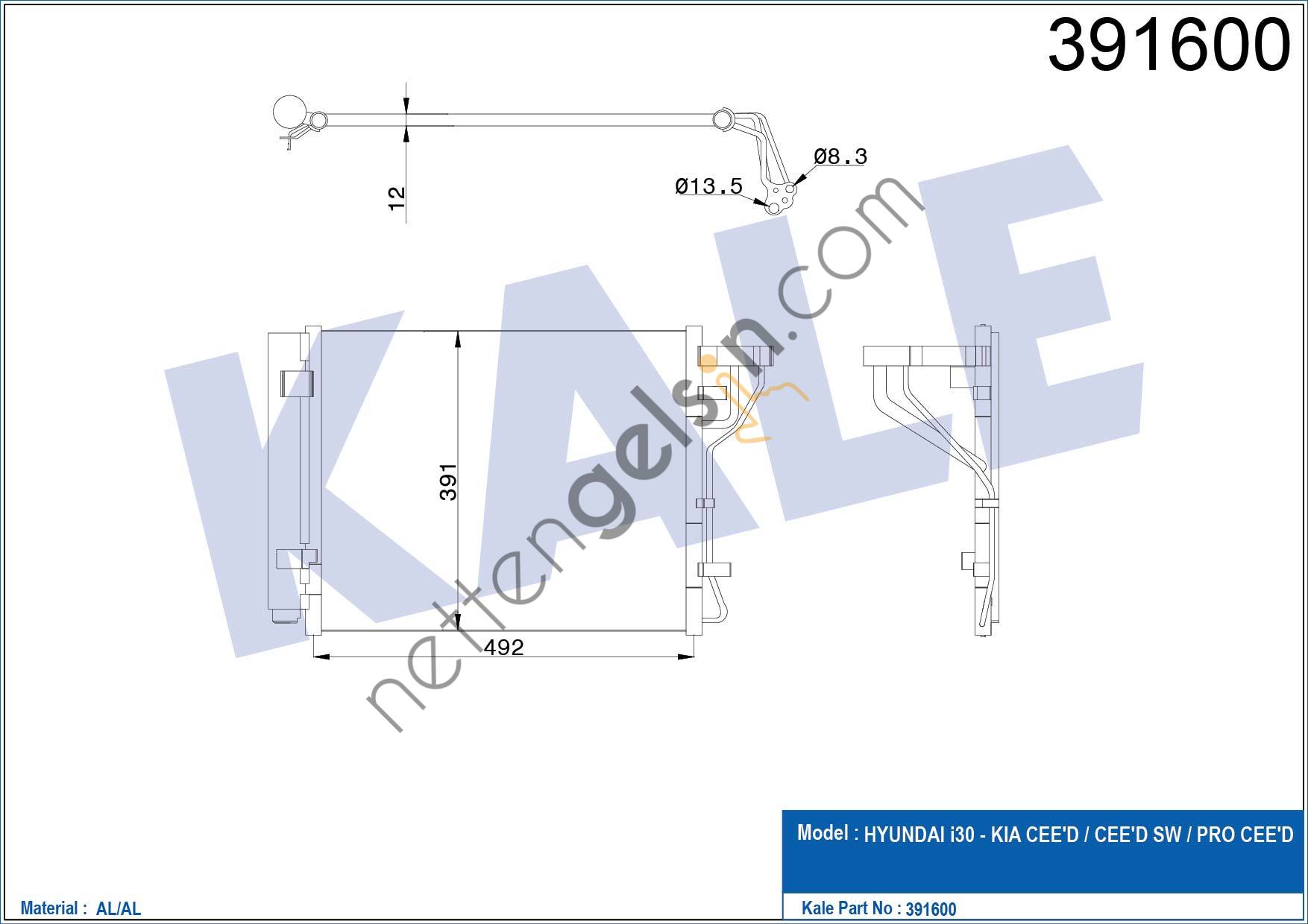 KALE 391600 KLIMA KONDANSER CEED-CEED SW-PRO CEED-I30-I30 CW ( 512x391x16 )  HYUNDAI BİNEK KLİMA RADYATÖRÜ