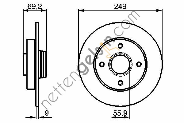 BOSCH 0986479255 ARKA FREN DISKI (PORYALI RULMANSIZ SENSOR HALKASIZ) C4 C3 PICASSO DS3 C3 III P207 P307 P208 P2008 1.4 16V / 1.6 16V / 1.6HDI / 2.0 16V / 2.0 11 / 04> (CAP:249MM. KALINLIK:9 MM) HAVA SOGUTMASIZ  PEUGEOT-CITROEN BİNEK