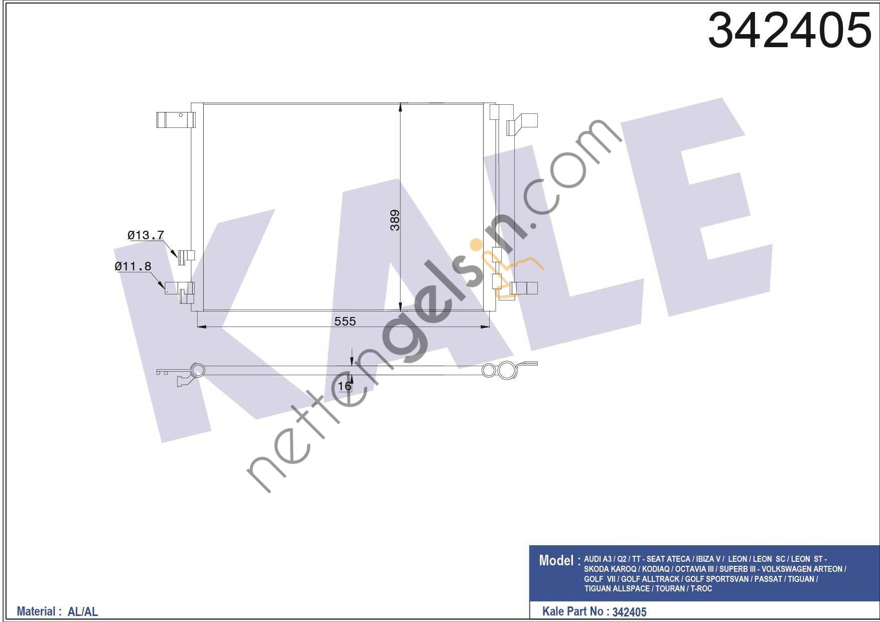 KALE 342405 CONDENSER A3 &sol; TT &sol; TT ROADSTER &sol; LEON &sol; OCTAVIA &sol; COMBI &sol; SUPERB &sol; GOLF VII &sol; SPORTSVAN &sol; ESTATE 1.  VW-AUDI-SEAT-SKODA BİNEK KLİMA RADYATÖRÜ