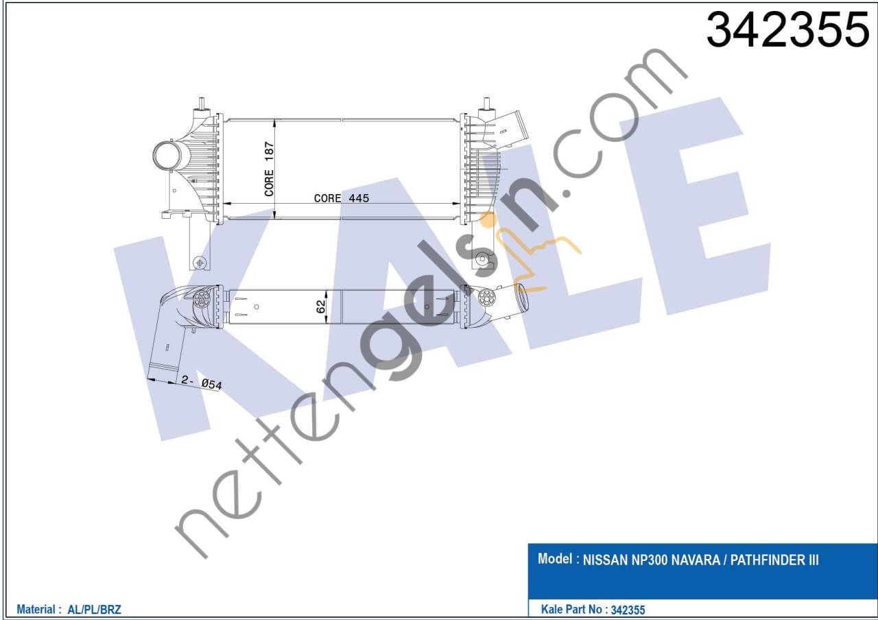 KALE 342355 INTERCOOLER RADYATORU NISSAN NAVARA PATHFINDER 2,5 DCI 4WD 2005> 445×185×64  NISSAN BİNEK TURBO RADYATÖRÜ