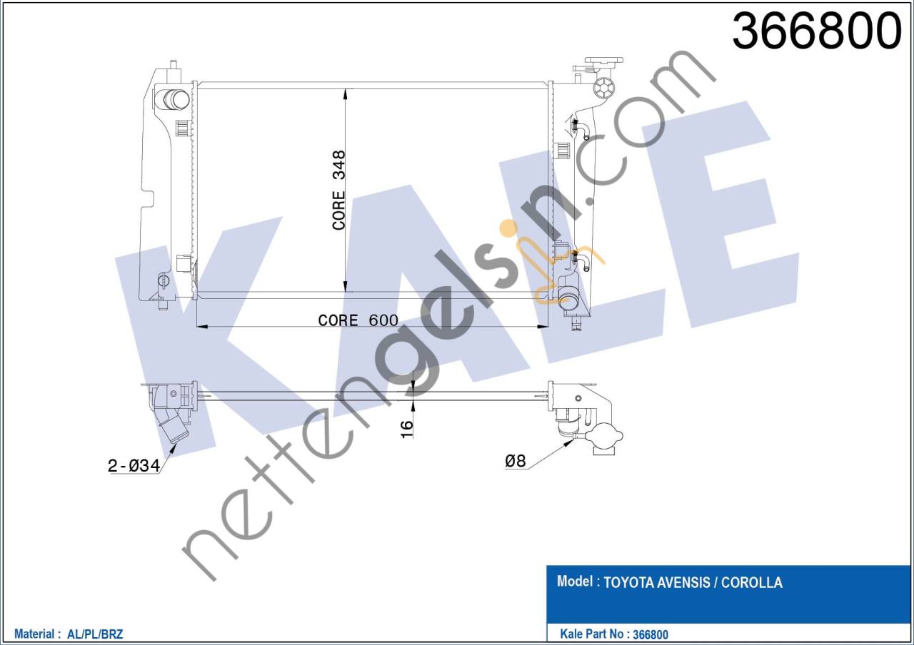 KALE 366800 MOTOR RADYATORU AVENSIS-COROLLA 600x436x16  TOYOTA BİNEK MOTOR SU RADYATORU