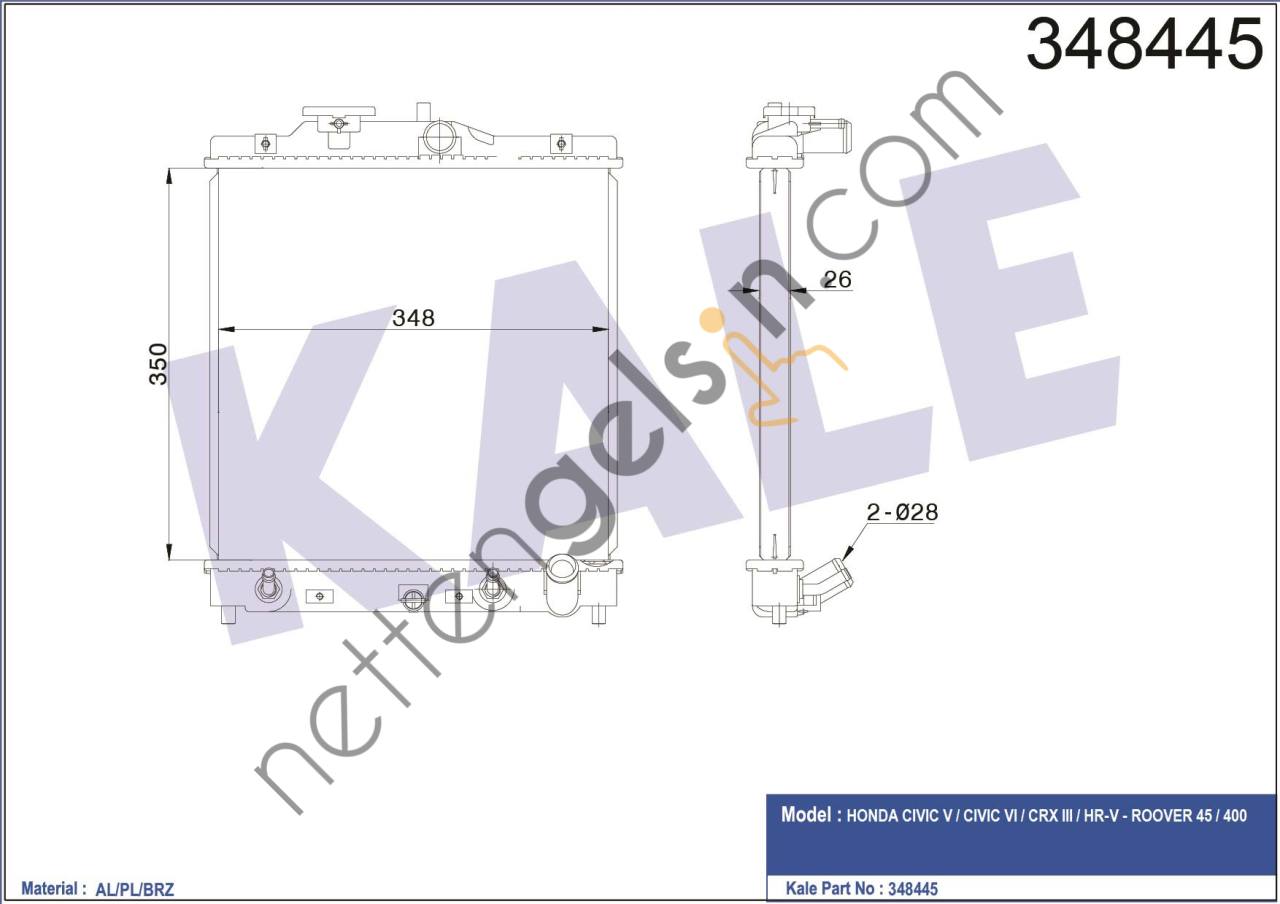 KALE 348445 MOTOR SU RADYATORU HONDA CIVIC 1992-2000 HR V 1992-2000 OTOMATIK VITES (350×348×26)  HONDA BİNEK MOTOR SU RADYATORU
