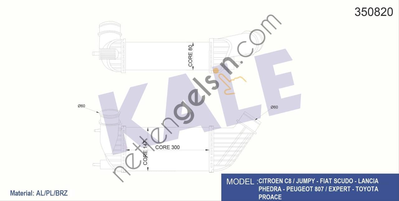 KALE 350820 INTERCOOLER RADYATORU 807-EXPERT III-C8-JUMPY-JUMP III  PEUGEOT-CITROEN BİNEK TURBO RADYATÖRÜ